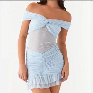 Peppermayo Sky Blue Ruched Mini Dress